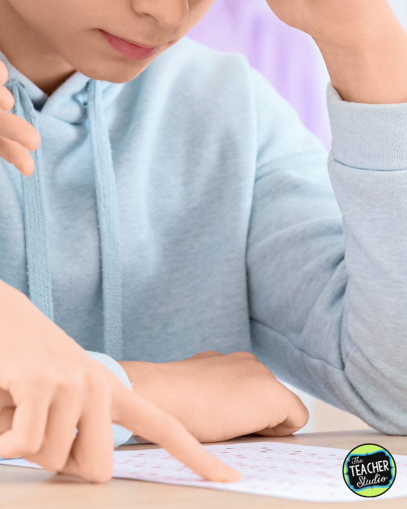 A teacher helping student after a writing assessment